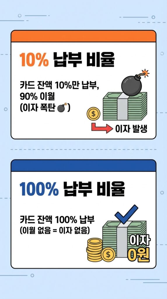 신용카드 리볼빙 100 프로 수수료 0원의 진실? 무조건 해지보다 '약정 비율 100%' 설정을 추천하는 이유 (신용점수 관리 꿀팁) 4 10 payment ratio 202601222118