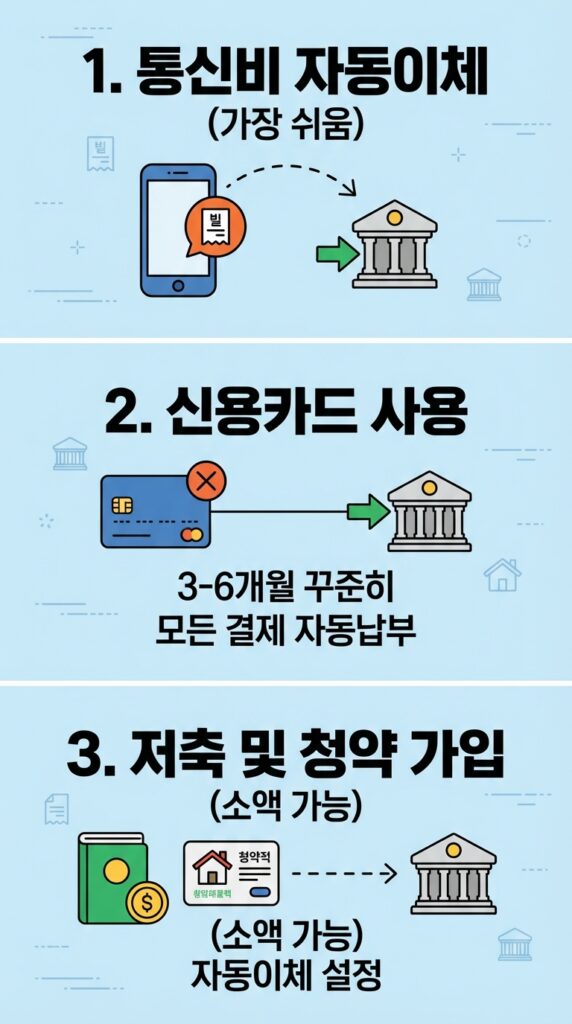 1. 해당 계좌에 휴대폰 요금 자동이체를 연결하세요. (가장 쉬움)

2. 해당 은행의 신용카드(체크카드 말고)를 발급받아 3~6개월 정도 꾸준히 쓰세요. 결제 대금은 꼭 이 통장에서 나가게 하고요.

3. 소액(10만 원)이라도 적금이나 청약을 가입해서 자동이체를 돌리세요.