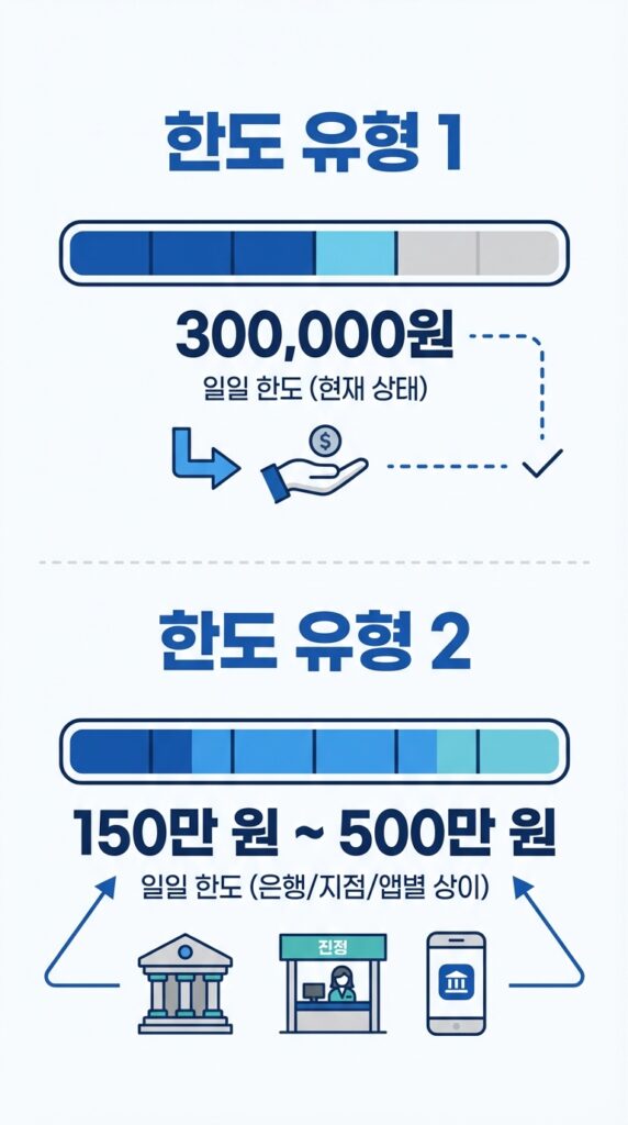 한도제한 1유형: 1일 30만 원 (현재 상태)

한도제한 2유형: 1일 150만 원 ~ 500만 원 (은행/창구/앱마다 다름)
