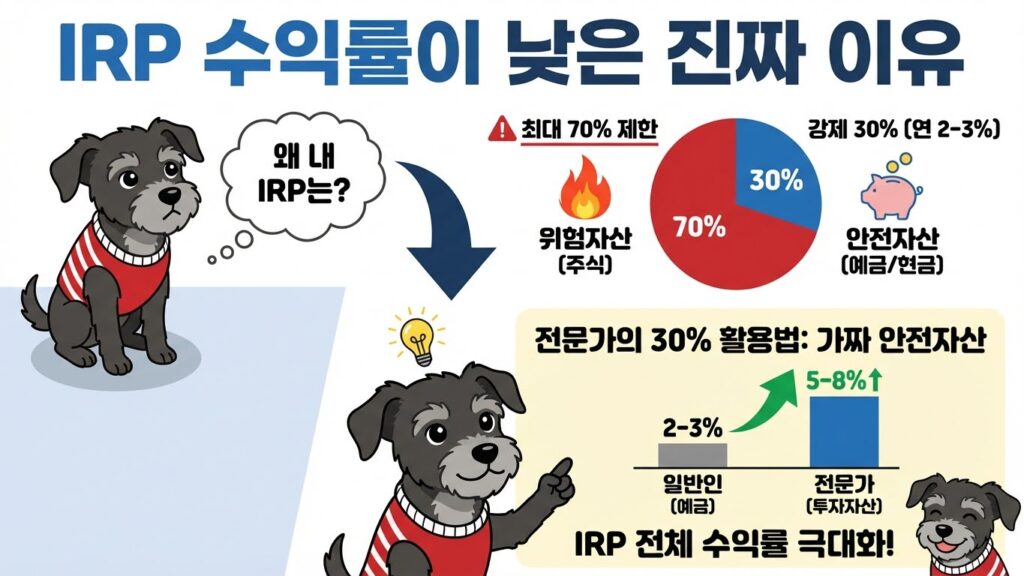 IRP 계좌, '마의 30% 안전자산' 룰 때문에 수익률 갉아먹고 계신가요? (예금 말고 이거 사세요) 3 IRP 계좌 수익률