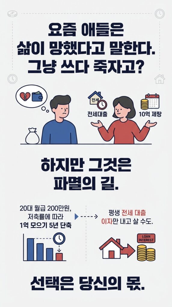  20대 직장인 월급 200만원 저축 비율 및 현실적인 1억 모으기 기간이 5년 컷이 될 수도 있고, 평생 전세 대출 이자만 내다가 끝날 수도 있는 거야.