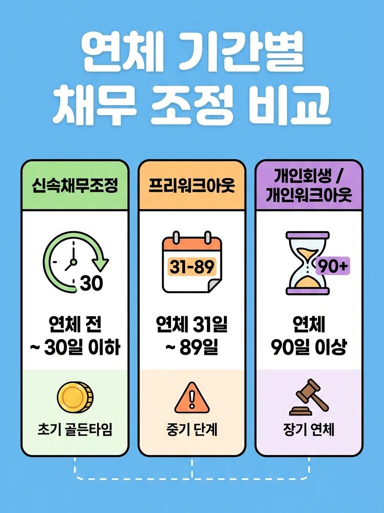 신속채무조정 프리워크아웃 개인회생 장단점 비교, 내 상황에 딱 맞는 탈출구는? 4 연체 기간별 채무 조정 비교
