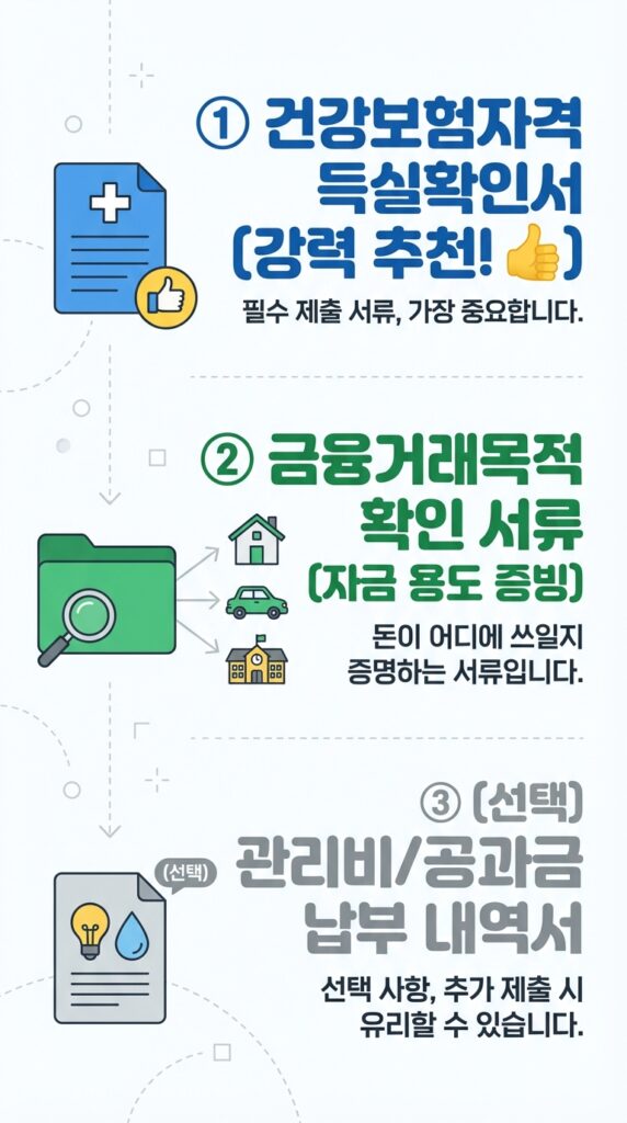 ① 건강보험 자격득실 확인서 (가장 강력 추천! 👍)
② 금융거래 목적 증빙 서류 (돈 쓸 곳 증명)
③ (선택사항) 관리비/공과금 납부 내역서
