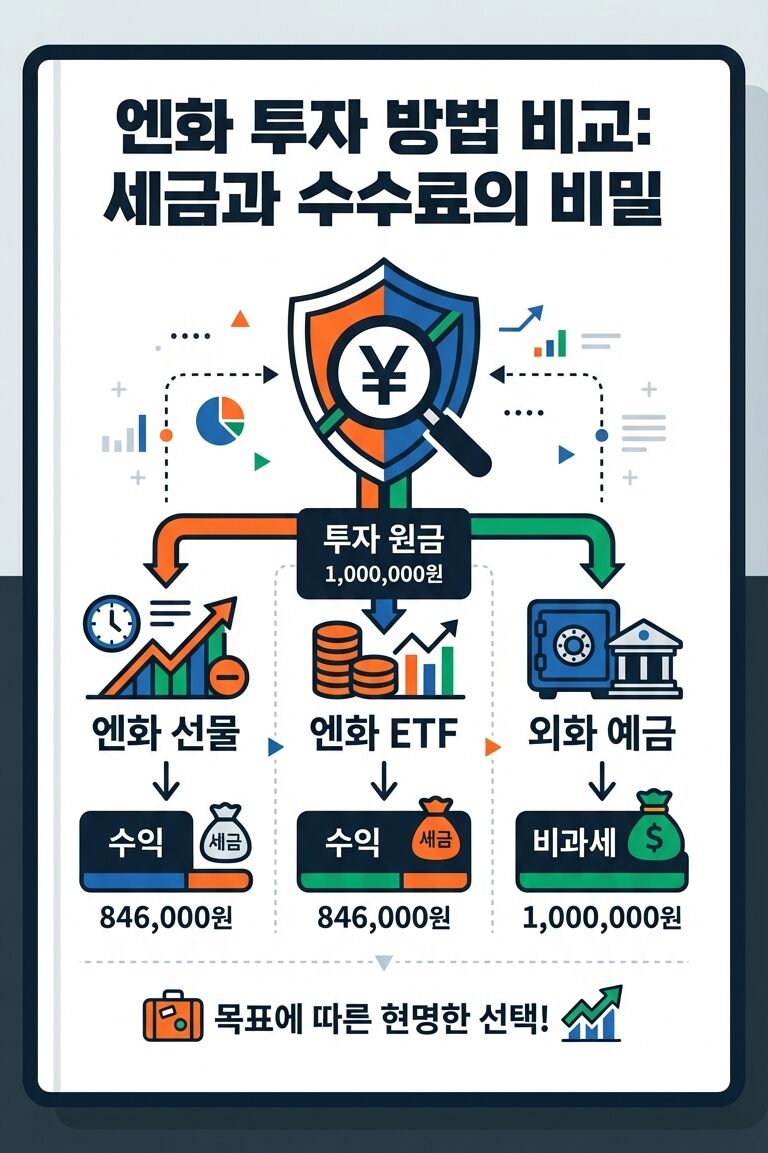 엔화 투자 방법 엔선물 ETF 외화예금 환차익 비과세 세금 비교를 검색하는 이유는 딱 하나예요. 바로 '세금'과 '수수료' 때문