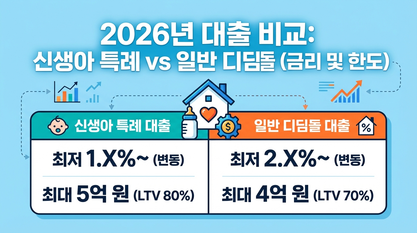 신생아 특례 대출과 일반 디딤돌 대출 금리 및 한도 비교